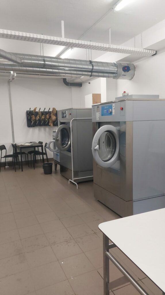 Waschmaschinen im Vordergrund mit Handschuhtrockner an der Wand